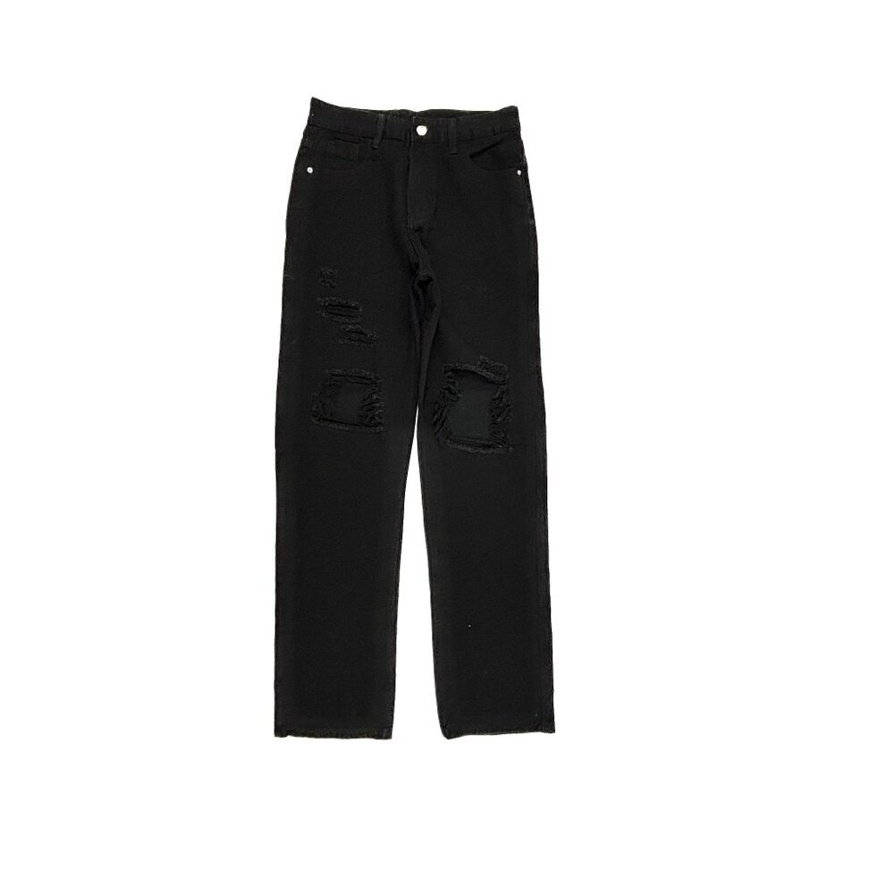 Shein Straight Leg Jeans Women Size M Black Distressed‎ Denim High Rise 11491